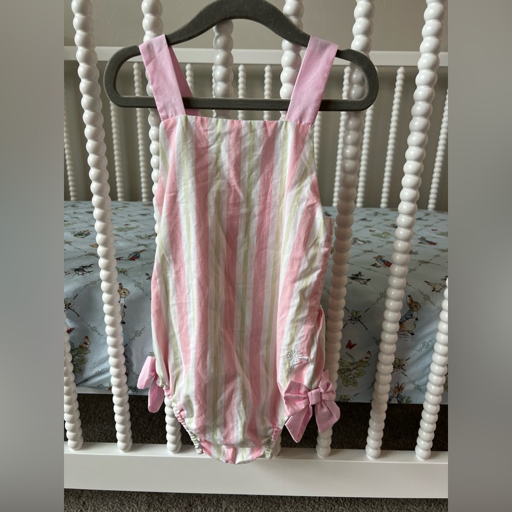 The Anna O’ Lane company Pink & White Striped Baby sunsuit Romper with Bows